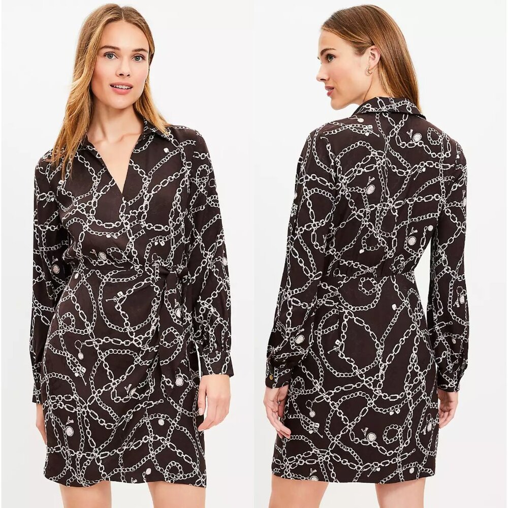 NWT LOFT Chain Print Mini Wrap Dress Espresso Brown Size 10